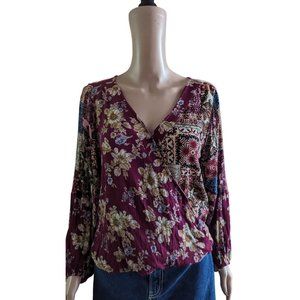 Umgee Sz L Mixed Print Floral Boho Faux Wrap Blouse with Front Bubble Hem